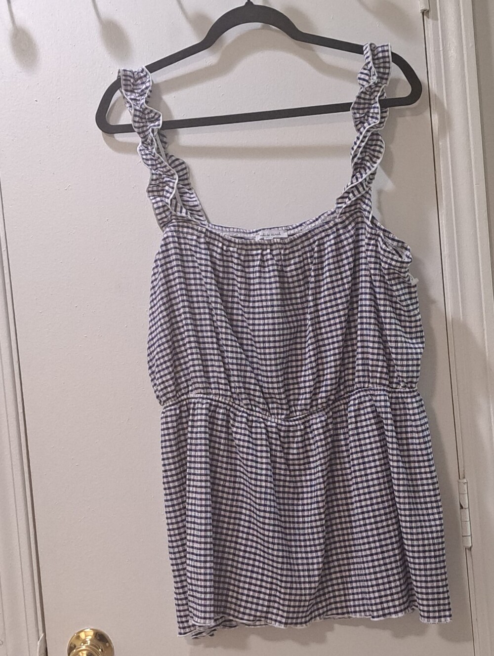 white birch Blue Gingham Ruffle Strap Tank Top EUC